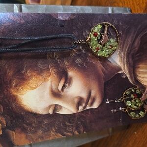 Handcrafted Bird Hoop Earrings And Necklace with Green and Red Accents